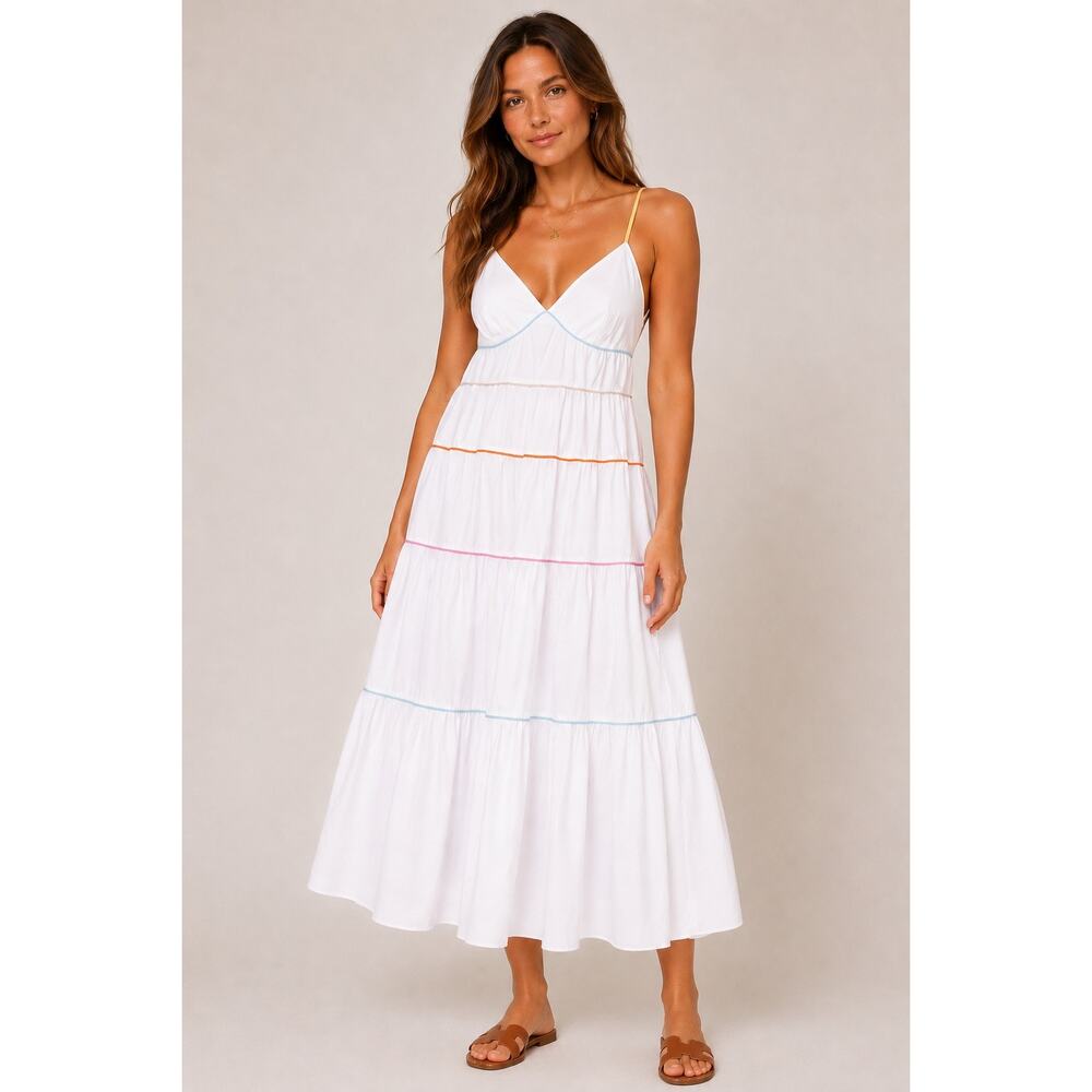 Staud NWT Cleo Tiered Poplin Midi Dress XL Rainbow Trim Cotton - Picture 6 of 16